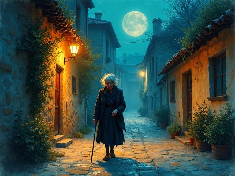 An old woman walks along a cobblestone street in a rustic village at night. The scene is illuminated by dim light and a full moon. It evokes a melancholic feeling with a cool color palette and detailed textures.