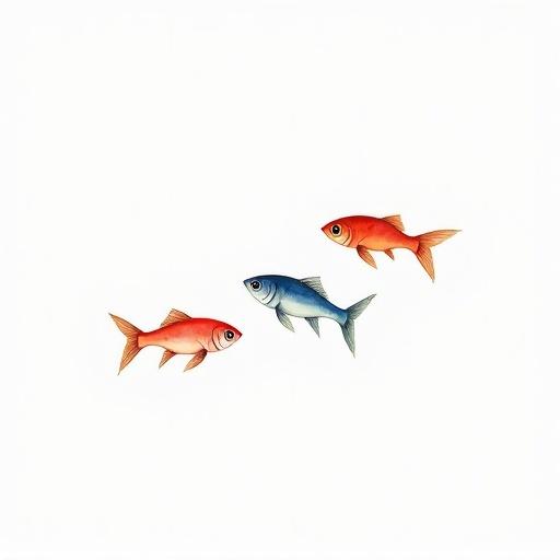 Watercolor illustration featuring three little red and blue fish swimming against a blank background. Composition focuses on soft colors and centered design.