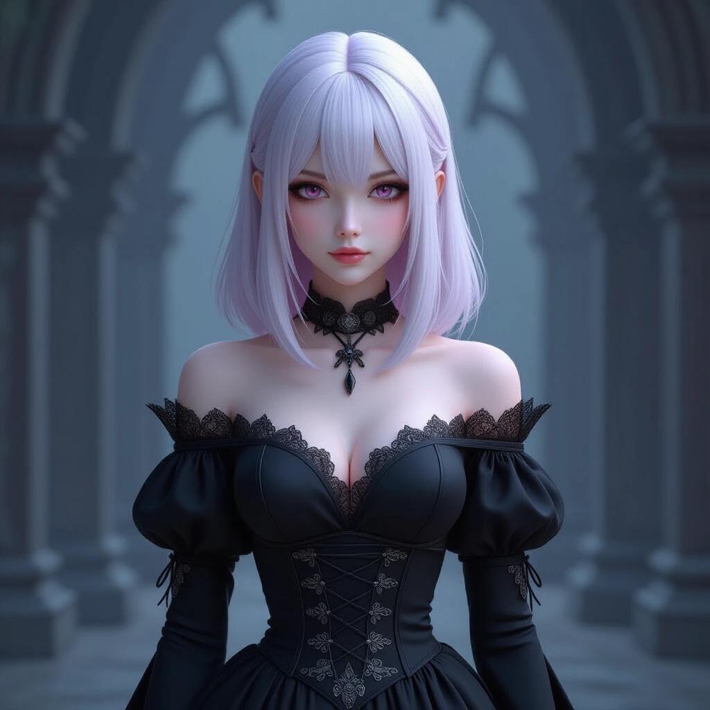 A hyper-realistic CGI rendering of a fantasy-themed character. She has medium straight white hair with subtle pink tones. Her eyes are striking purple. She wears a gothic off-shoulder black dress with intricate floral patterns. The setting is a dreamy outdoor scene with soft lighting.