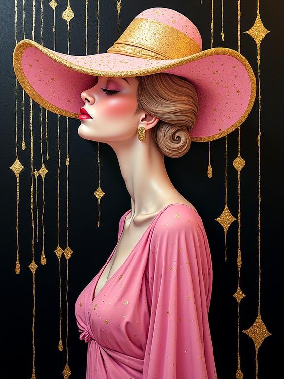 Woman in a pink dress and a large hat. Hat has a unique lepiote design. Image has gold sparkling elements. Bold colors stand out against black background. Creativity and abstraction emphasized.