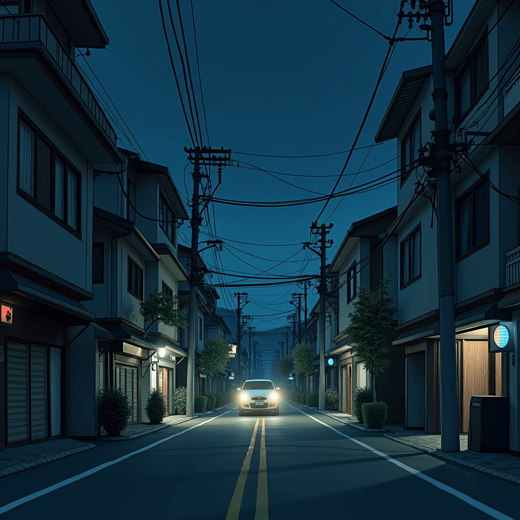 A car with headlights on drives down a quiet, dimly lit street at night.