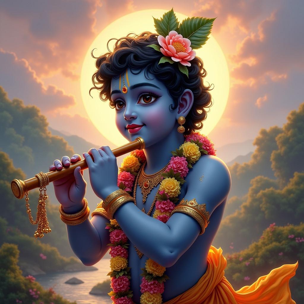 Krishna is depicted with a dark blue complexion and glowing aura. He holds a flute in one hand and a garland in the other. The background features a serene landscape of Vrindavan with rolling hills and the Yamuna River. The sky shows shades of pink and purple. Villagers admire him with devotion. A majestic atmosphere reflects his divine energy and youthful beauty.