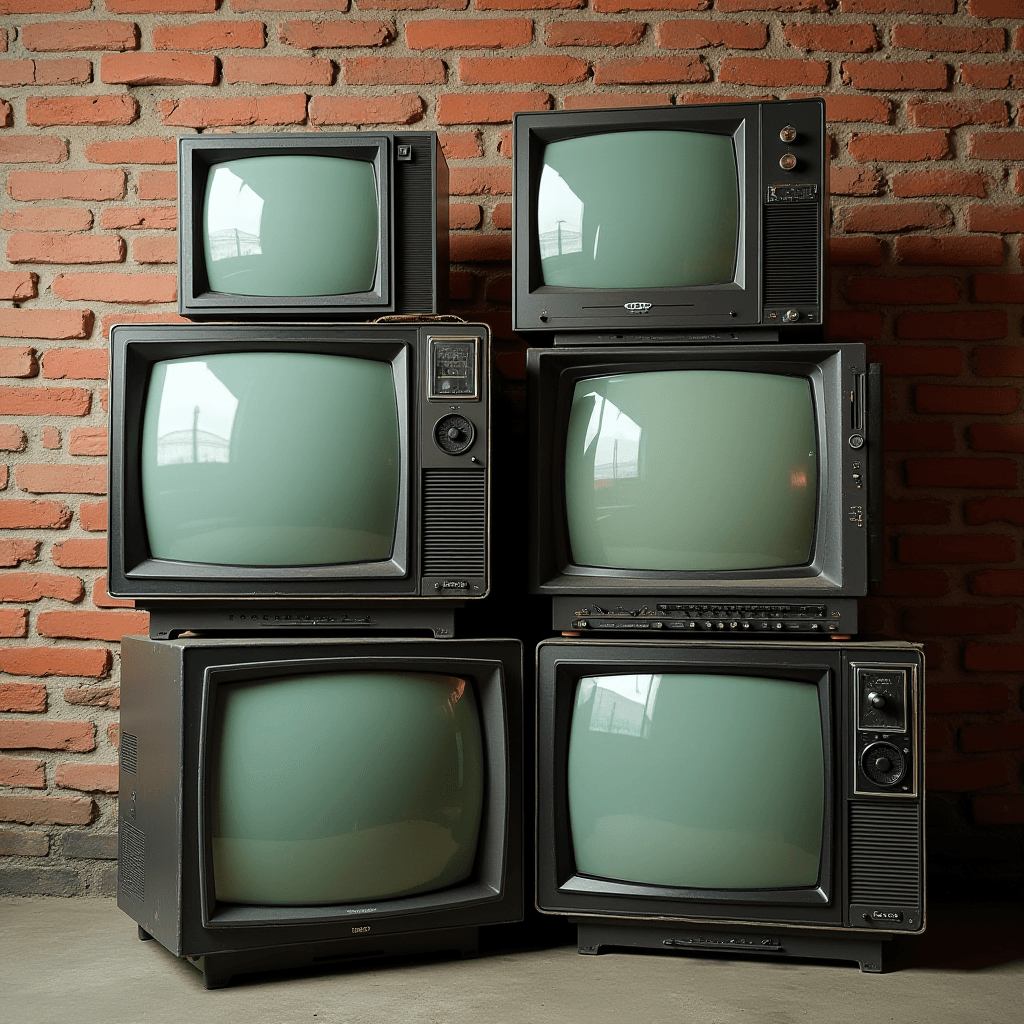 A stack of vintage televisions placed against a textured brick wall, creating a nostalgic aesthetic.