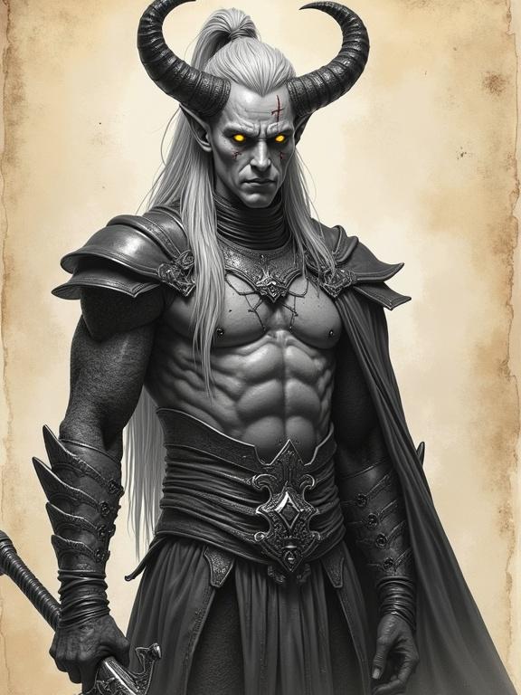 Pen sketch of a tall, imposing male tiefling paladin with ash-gray skin and glowing amber eyes. Long silver hair tied back. Sleek black curved horns arching back. Stern expression with thin scars on cheekbones. Wears metal rings shirt. Holds long sword. Plated pants. Cinematic scene with intense expression. Colored pen style with stylized 3D and visible pencil strokes. Matte shading, non-photorealistic. Soft cel shaded with soft lighting and stylized depth of field. Artistic shading with ancient parchment background. Arcane x Klaus style fusion.