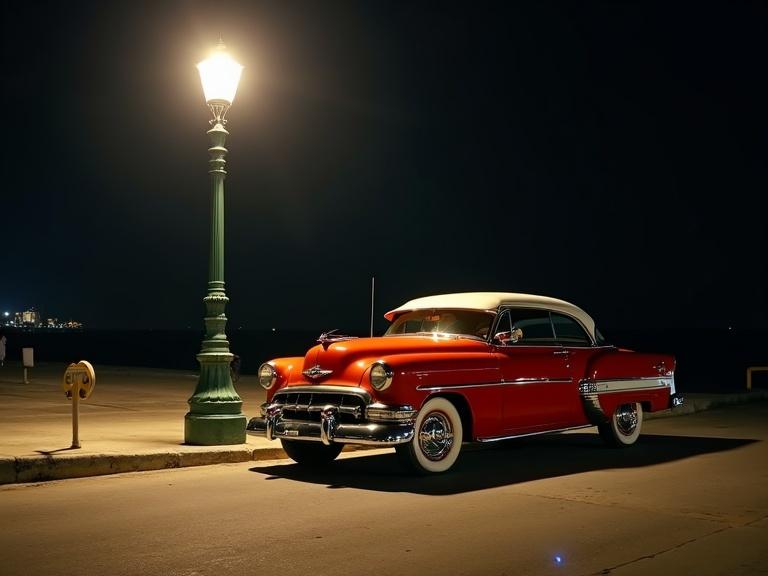 Old American vintage red car parked under a streetlamp on Havana's malecon. Nighttime street photography with a 35mm lens. Film grain and nostalgic lighting ambiance.