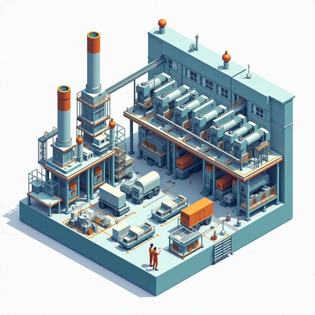 Isometric illustration showcases a factory cross-section. It features machines and factory robots. A few factory workers are present. The setting is bright and detailed. This visual highlights industrial automation and processes.