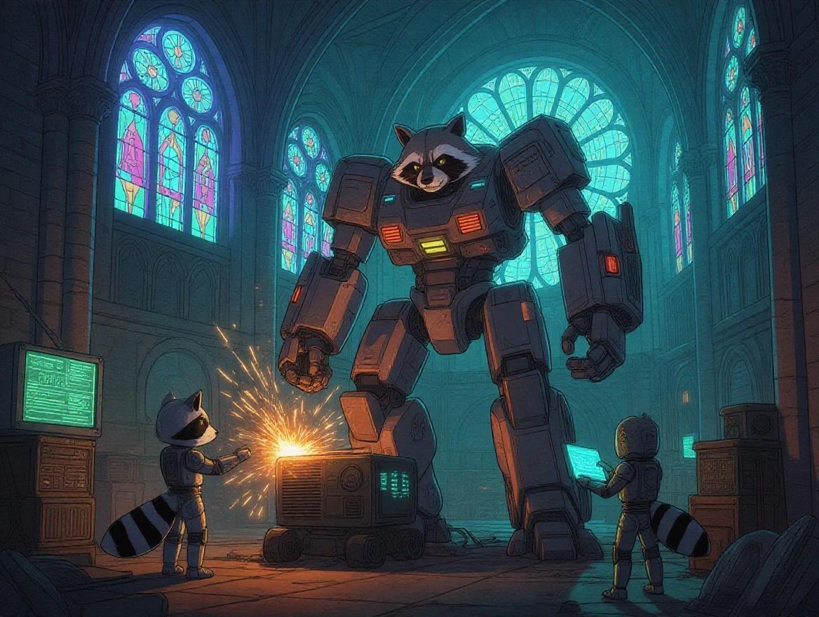 A muscular raccoon forges parts for a giant mecha in a stained-glass industrial cathedral. Sparks fly everywhere. Robot assistants hand parts while listening to electronic music from a modified radio.