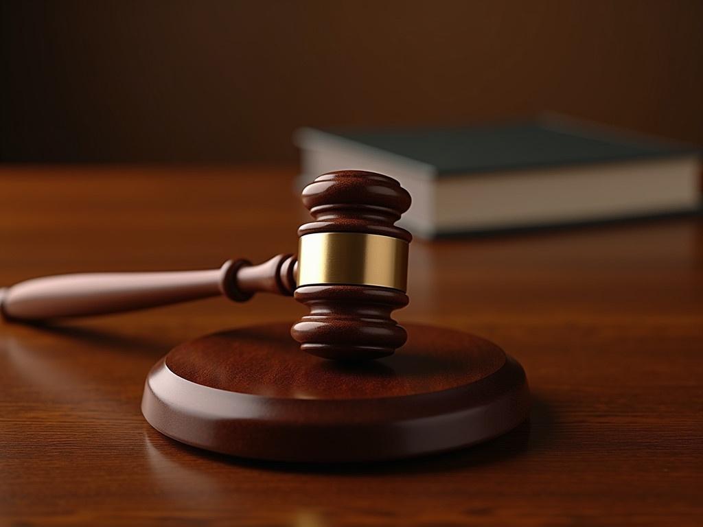 The image features a wooden gavel lying on a polished wooden desk. The gavel is beautifully crafted with a shiny gold band around the middle. Behind it, there is a blurred book that appears to be a law book, suggesting a courtroom setting. The background color has a warm tone, enhancing the professional atmosphere of the scene. The light gently highlights the gavel, drawing attention to its details and craftsmanship. Overall, the image conveys themes of justice, authority, and legal proceedings.