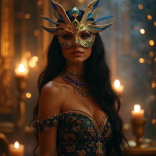 Elegant woman at a masquerade ball inspired by the goddess Isis. Wears a golden mask shaped like falcon wings. Dress of enchanted silk flows with shiny colors. Long dark hair and glowing eyes. Surrounded by candlelight and hieroglyphs. Regal and mysterious atmosphere.