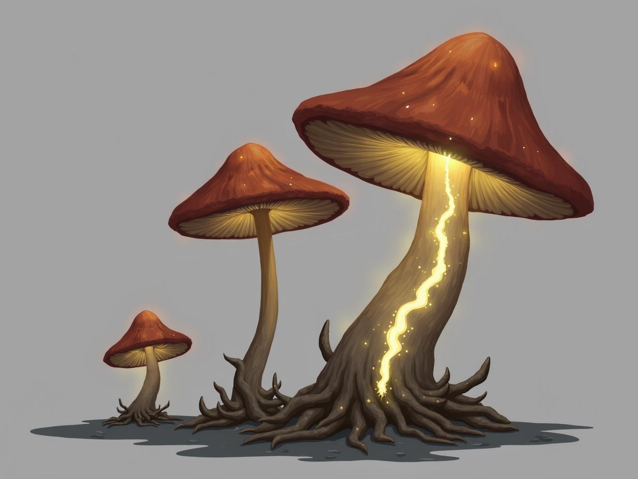 The image features three large mushrooms with illuminated caps that appear to glow. The mushrooms are supported by thin, twisted trunks that have an unusual and somewhat surreal design. The roots of the mushrooms are visible, sprawling across the ground, further enhancing their fantastical appearance. There is a glowing crack along the side of one of the trunks, suggesting a source of light or energy inside. The background is a simple gray, which makes the mushrooms stand out even more. The overall aesthetic is whimsical and otherworldly, evoking a sense of magic and wonder.