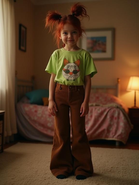 Photo of a dimly-lit bedroom with warm lighting. A skinny teenage girl stands on carpet with a cheeky smirk. Girl has messy dark red pigtails. She wears a lime-green t-shirt with a cool print design. She wears long brown corduroy bellbottom trousers, covering her black socked feet.