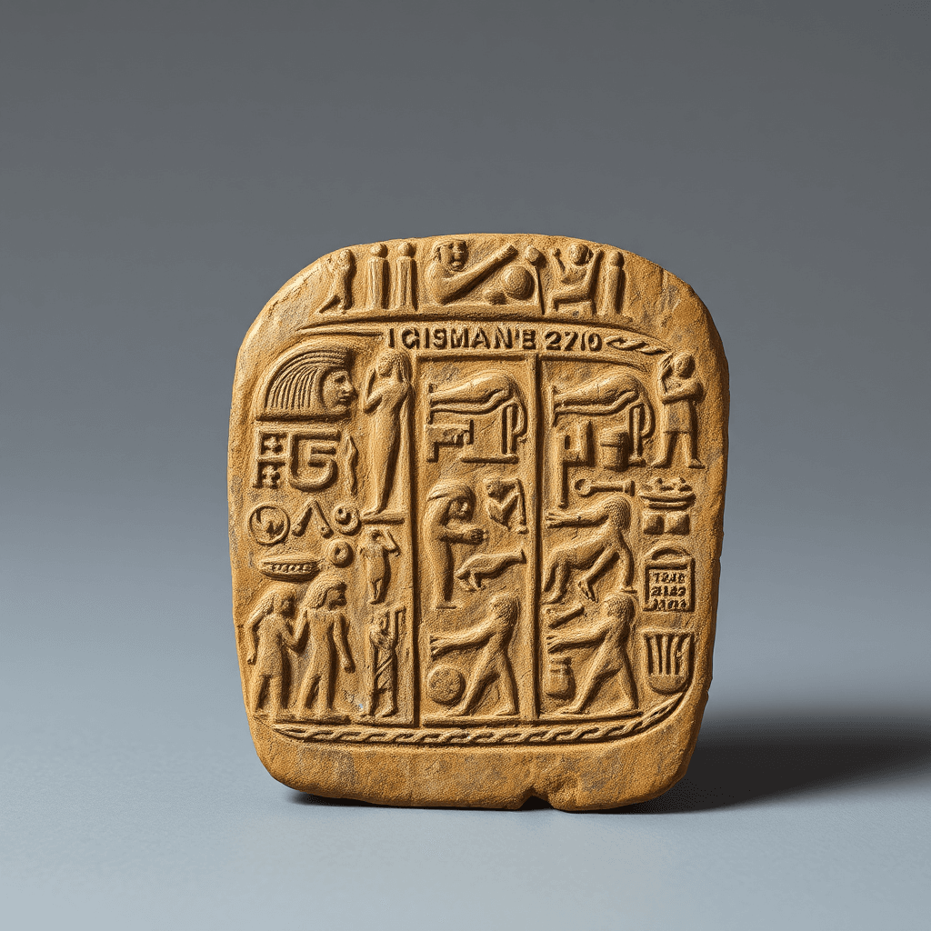 A rectangular clay tablet with detailed carvings of ancient symbols and figures, against a neutral background.