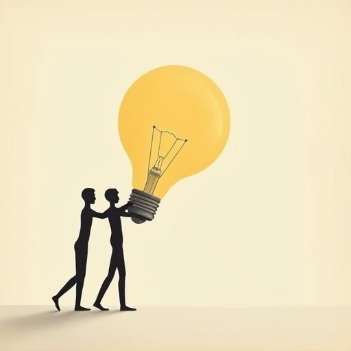 Two tiny elegant humans carry a giant light bulb in a minimalist surreal illustration. The artwork features oversized objects with a limited color palette and vast negative space. The background is clean with soft shadows and an elegant composition, suitable for contemporary wall art.