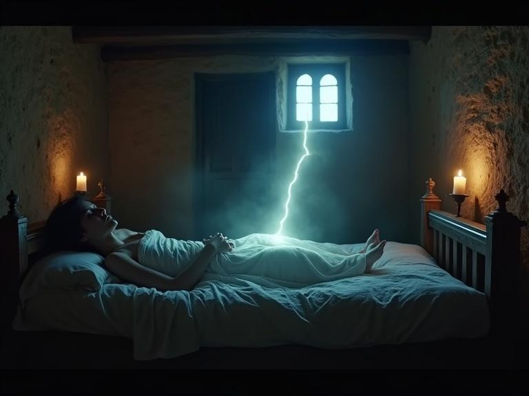 Surreal scene of a person sleeping in an old wooden bed. A glowing soul rises gently from the sleeping body. Room features stone walls, wooden beams, and dim candlelight. Moonlight filters through a rustic window. This creates a dreamlike atmosphere, highly detailed lighting and soft focus effect.