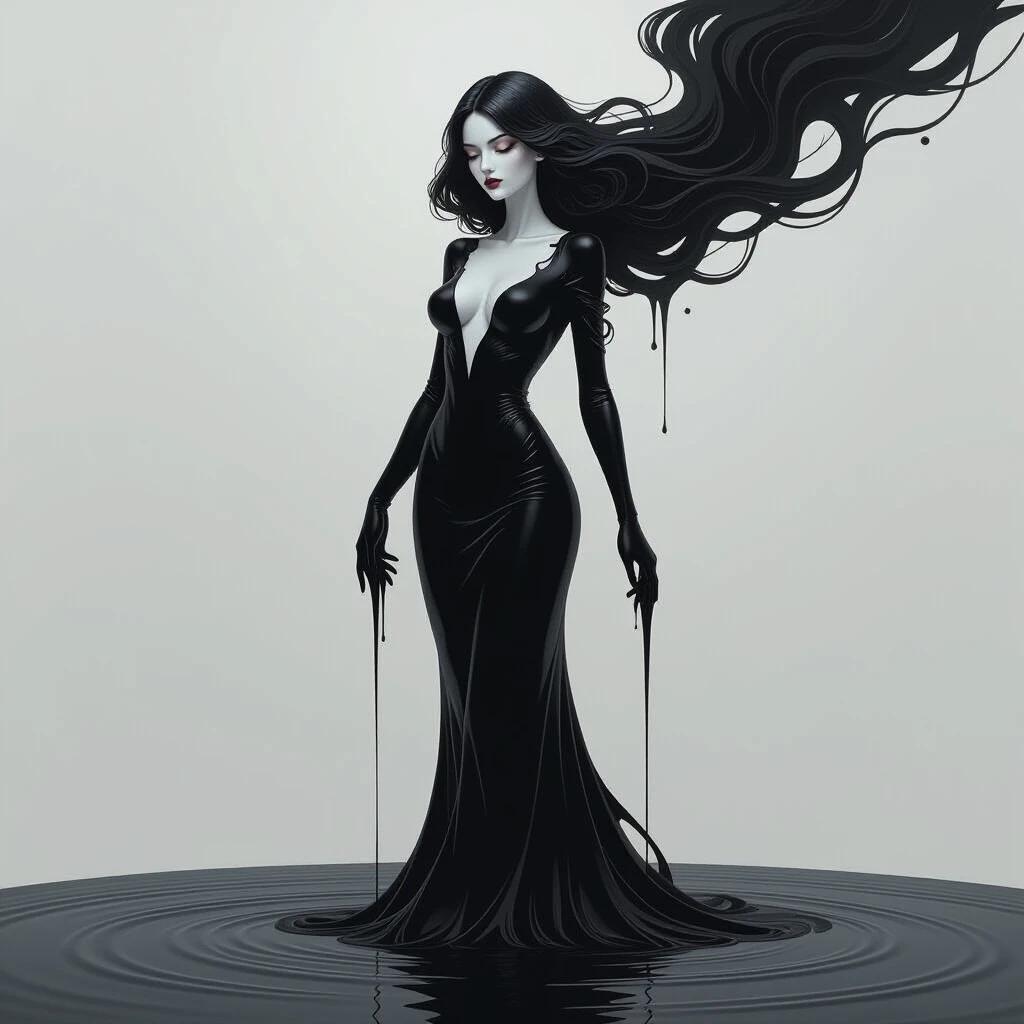A figure shaped from black ink appears standing. Her form is fluid and changes subtly. Ink tendrils drip into a dark endless void below her. The design is surreal and abstract. The stark contrast emphasizes her flowing form against the emptiness. Background is minimal and lighting is soft creating shadows.