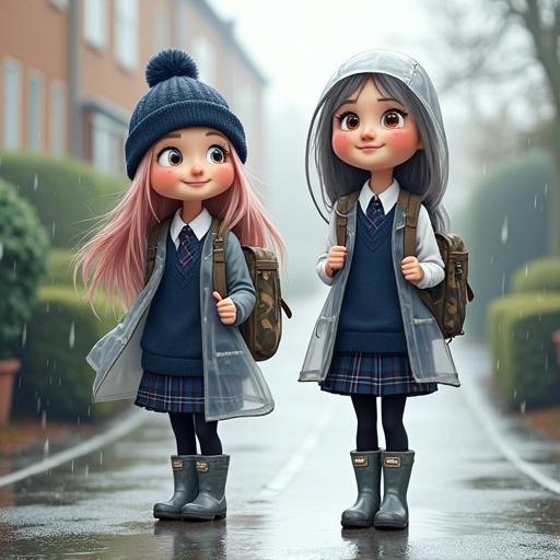Two cartoon girls, Brianna and Brandy, with backpacks, walking home from school through drizzling rain. Brianna has long dark-blonde hair, wears a see-through raincoat, a white shirt, neck-tie, navy-blue jumper, tartan skirt, and navy-blue wellies. Brandy has grayish-pink hair, wears a black beanie, see-through raincoat, white shirt, neck-tie, navy-blue jumper, tartan skirt, and light-grey wellies.