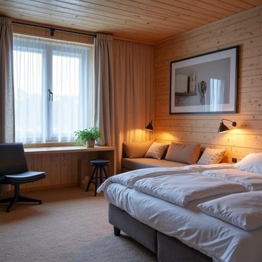 Hotel igloo room in Rovaniemi. Features wooden walls and cozy bedding. Soft lighting creates a warm atmosphere. Window allows natural light.