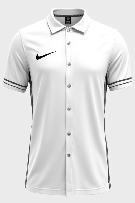 Design the front of a football shirt. The shirt has a plain white base color with a Nike tick on the front. It resembles a button-up shirt with buttons down the middle and a collar. Grey or black stripes and patterns are added down the middle and sides.