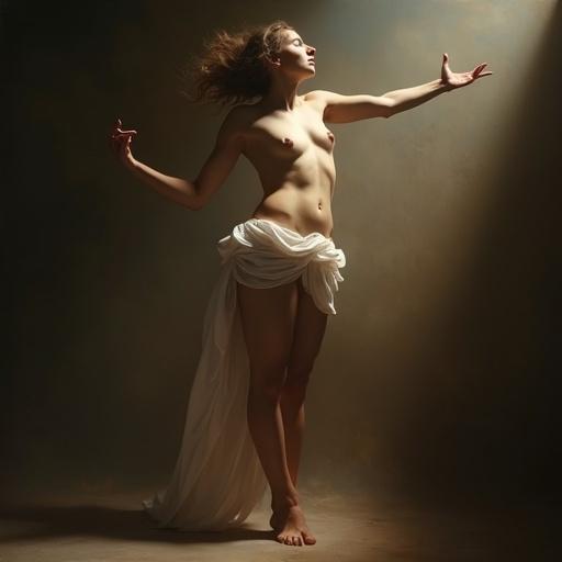 Dramatic lighting and pictorial contrast enhance light and shadow to sculpt the body, evoking depth and volume like an oil painting by Caravaggio or Bouguereau. Ethereal fabric flows, mixing with light and shadow, subtly suggesting form with grace. Background features neoclassical columns and soft clouds, or mystical rays of light, elevating the figure as a goddess. Body language conveys freedom, surrender, contemplation, echoing Renaissance frescoes.