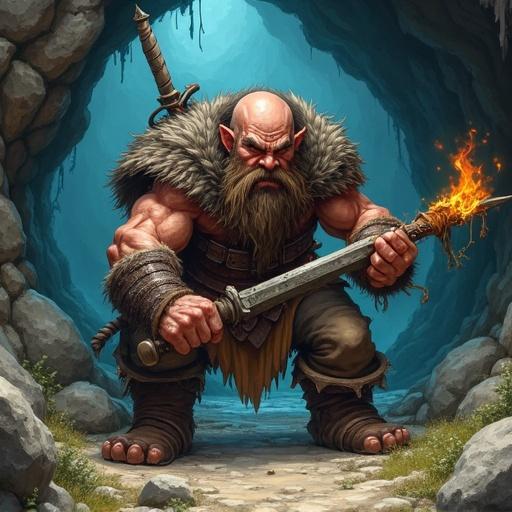 Dwarf warrior battles goblin in cave. Warrior is muscular and carries sword. Cave background shows rocky terrain and soft lighting. Warrior's expression shows determination.