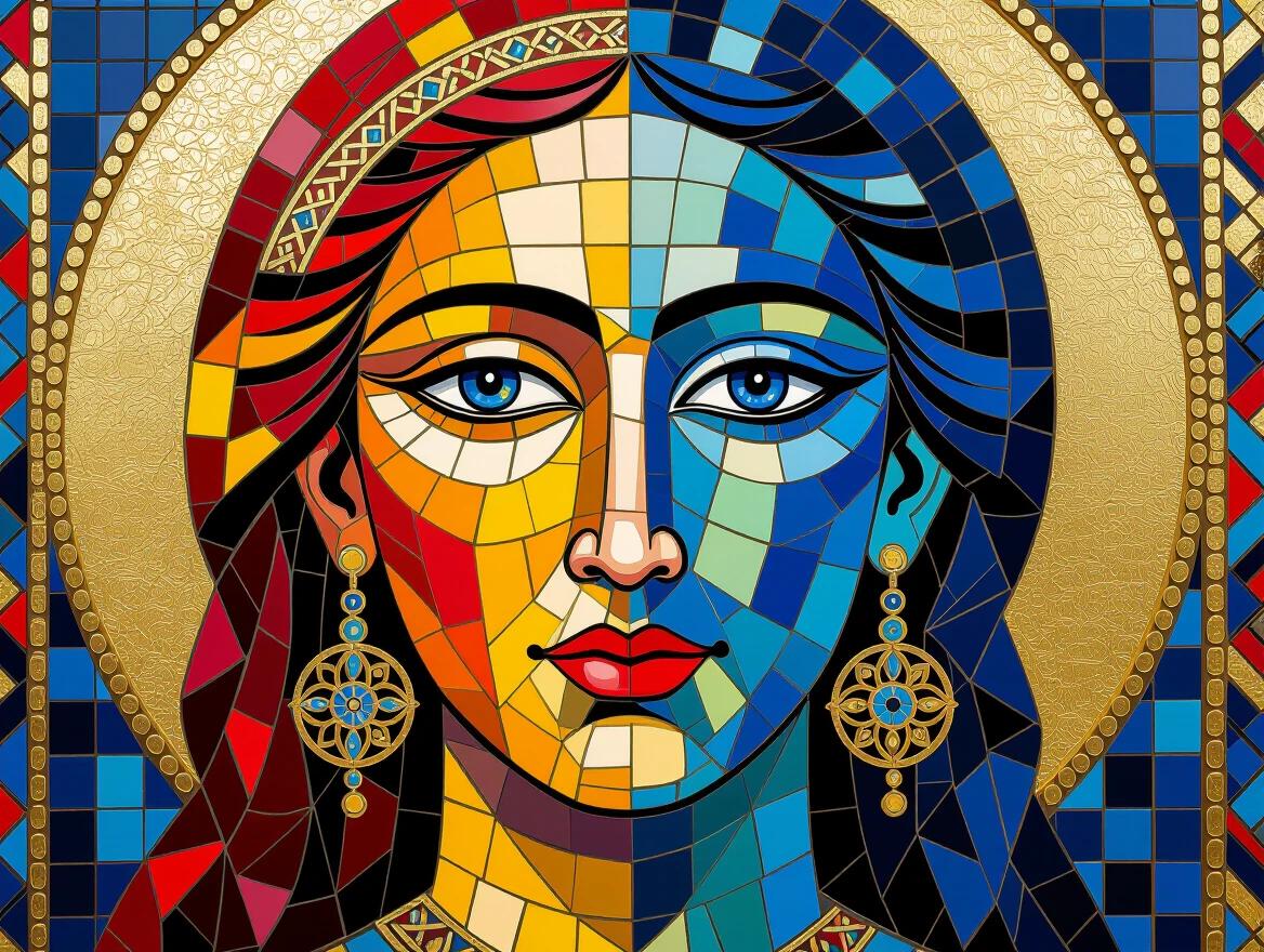 Half face portrait made of colorful mosaic tiles. Byzantine art influence visible. Gold leaf accents enhance the piece. Ceramic and glass tiles form intricate geometric patterns. One side showcases warm colors. The opposite side features cool blues. Ancient art techniques meet modern subjects. High quality suitable for museum installation.