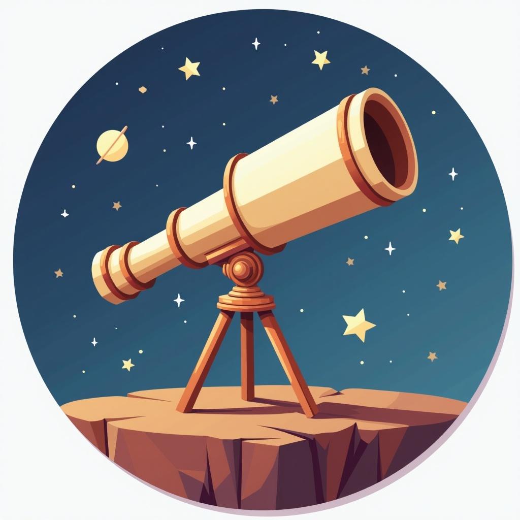 A telescope standing on a rocky surface. The background is a night sky filled with stars and a planet. The telescope is vintage with a wooden mount. The overall style is artistic and colorful.