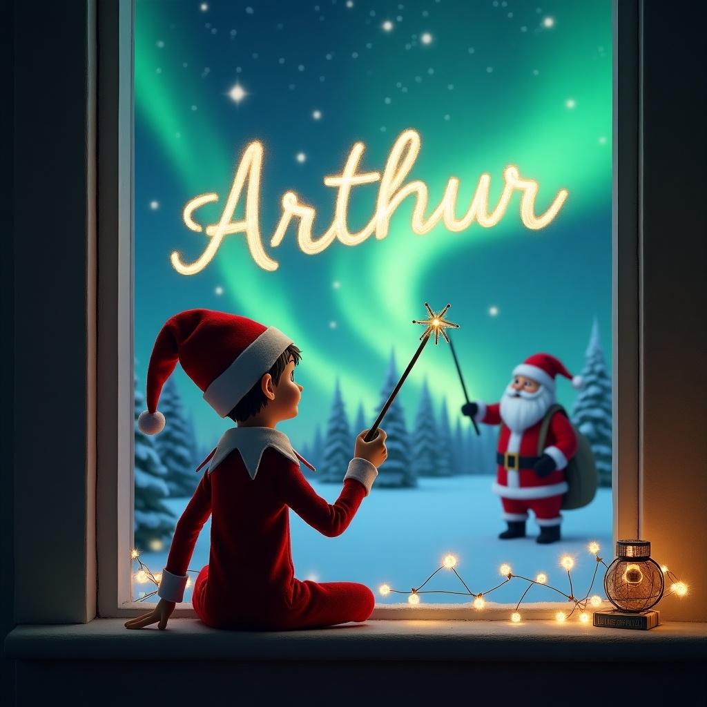 The scene features an elf on the shelf, sitting on a window ledge, facing outside where a magical Christmas scene unfolds. The elf, with his back to the viewer, is using a wand to write the name 'Arthur' in the sky. Behind him, bright northern lights dance across the night sky, creating a vibrant atmosphere. In the background, Santa Claus stands in a winter landscape filled with snow-covered trees. Cozy twinkling lights adorn the window ledge, adding to the enchanting holiday feel.