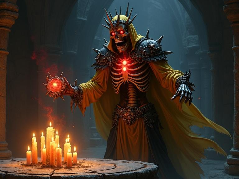 Ultra detailed digital painting of an undead lich from Dungeons and Dragons. Floating above a stone altar with tattered yellow and black robes. Exposed ribcage and glowing red energy from skull and chest. Holding a glowing red artifact. Surrounded by lit candles. Dark stone architecture in the background. Atmosphere is dark and foreboding.