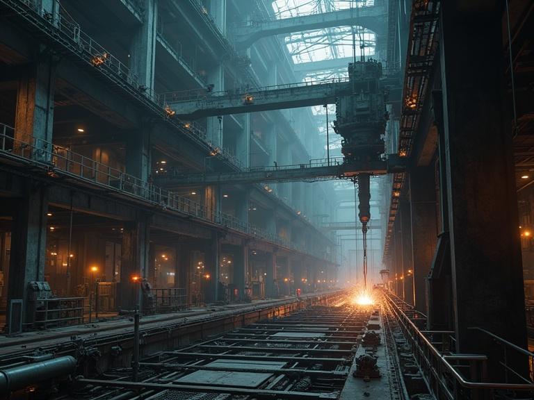 Huge large-scale factory interior. Automation with dark cinematic atmosphere. Machine arms welding huge sci-fi military starship parts. Sparks falling. Cranes and metal walkways. Elevator platforms and assembly lines. Steam and hydraulic lifts present. Realistic details and textures.