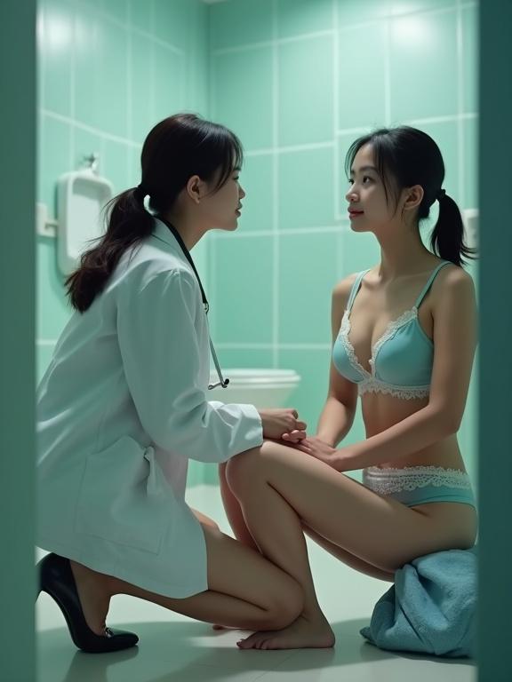 Ultra low angle shot. Petite Chinese female doctor in light blue bra and white lace stockings. Doctor with stethoscope consulting with female patient in restroom. Coat thrown on the floor. Hair tied back. Gentle light enhances atmosphere. Full body in frame.