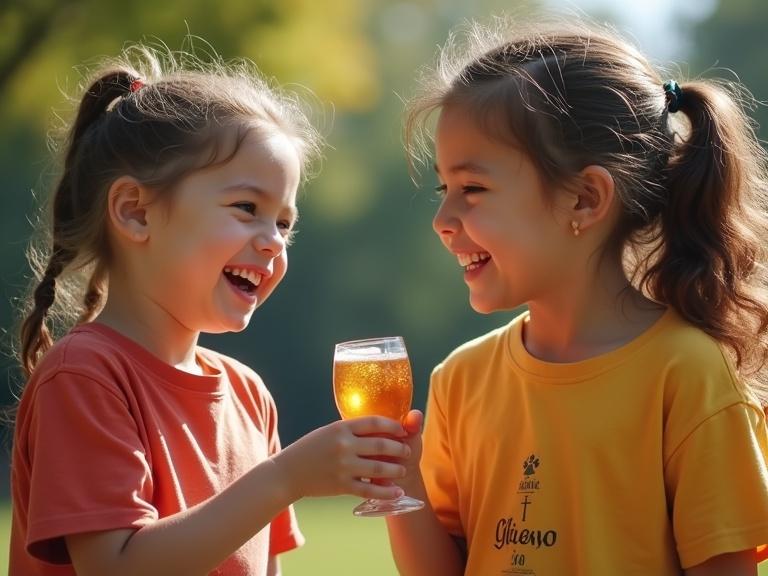Two children enjoy a drink outdoors. One child holds a glass. The drink glimmers in the sunlight. The background is a lush green park. The moment captures curiosity and joy.