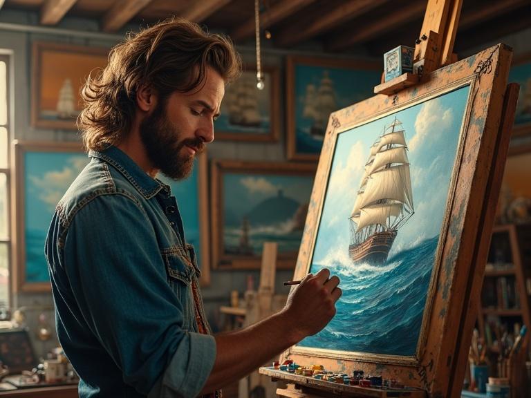 A rugged artist with shoulder-length wavy hair and a beard intensely paints a maritime scene. Worn denim shirt with rolled-up sleeves. Large wooden easel holds detailed painting of a sailing ship braving waves. Rustic studio with vintage decor: wooden beams and nautical-themed paintings. Cluttered workspace with colorful palettes and brushes. Paintbrush clenched between lips. Warm natural light streams through window, golden glow. Hyper-realistic style evokes artistic passion and maritime adventure.