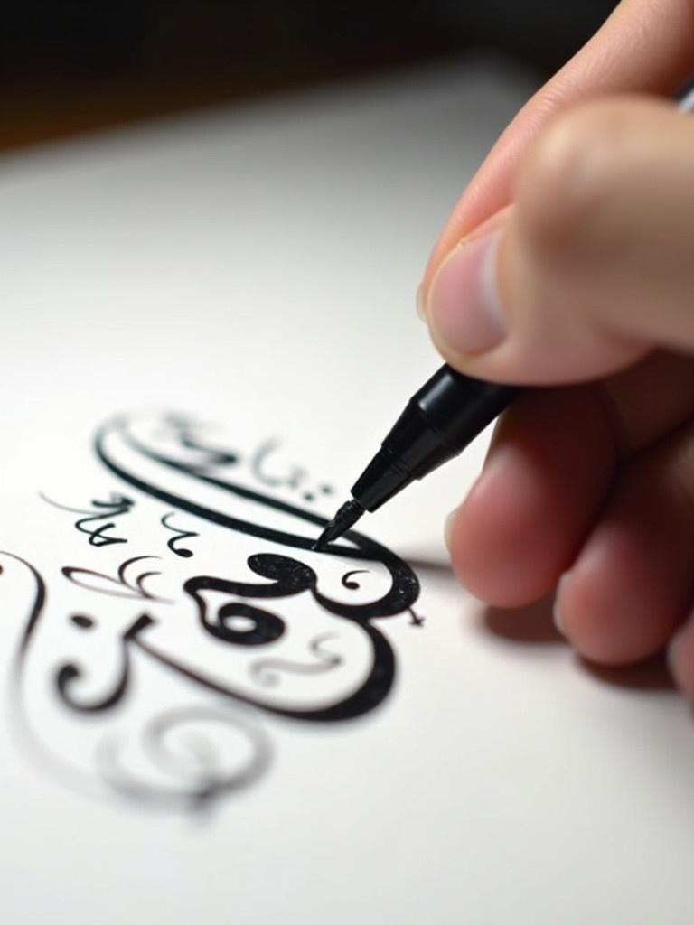 Close-up view of hand using pen to write Arabic calligraphy. Bold black ink creating elegant designs on white paper. Soft lighting enhances beauty of strokes and letters being formed.