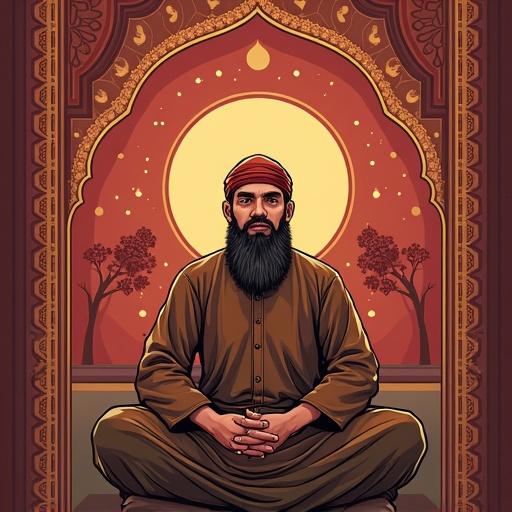 Illustration of a man meditating in a culturally inspired setting. Background features warm tones and sacred symbols. Man has a beard and wears traditional clothing. Shows peace and tranquility.