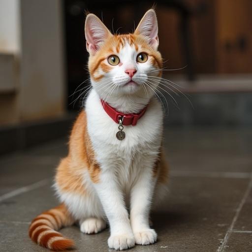 A portrait of a cute orange and white cat with expressive eyes. The cat is positioned on a stone floor, wearing a collar. Soft natural lighting adds warmth to the scene. The focus is on the cat's face, highlighting its features.