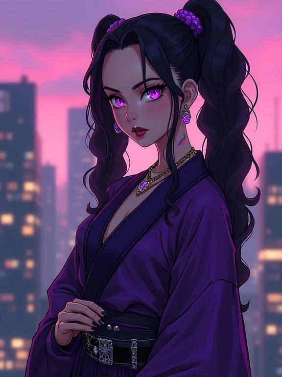Anime character in neo futuristic design. Young woman standing on a hotel rooftop. She wears a black ninja assassin kimono with a stylish look. Features oversized amethyst purple curly pigtails. Elegant jewelry and tattoos are highlighted. City skyline at night provides a colorful background. Laser katana is in her hand. Emphasizes modern fashion and technology.