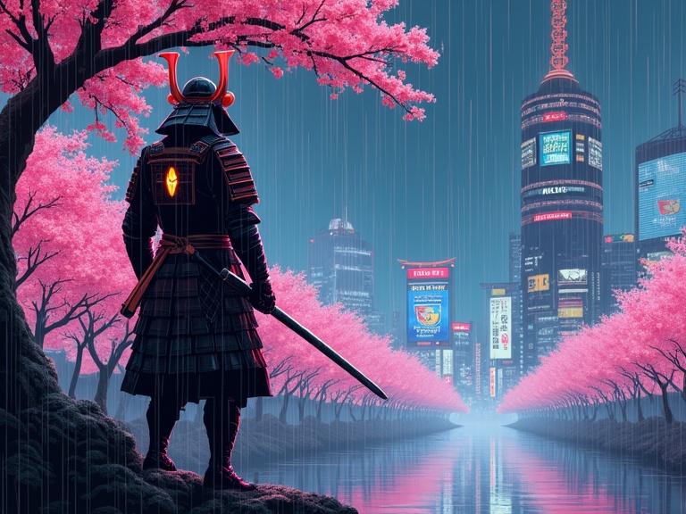 A lone samurai warrior in traditional armor with glowing neon details. Vibrant cherry blossoms surround the samurai under stylized rain. Background features Edo-era landscape blended with a neon-lit cityscape. Art combines traditional Ukiyo-e with modern cyberpunk aesthetics. Bold linework with flat areas of color and digital textures.