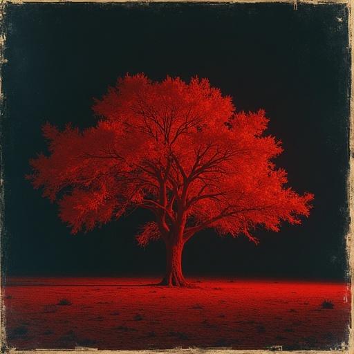 Wide shot of a large red tree in a desolate landscape. The tree leans slightly to one side. Red light illuminates the tree. Background is pitch black. Polaroid aesthetic is present. Lo-fi and grungy style visible.