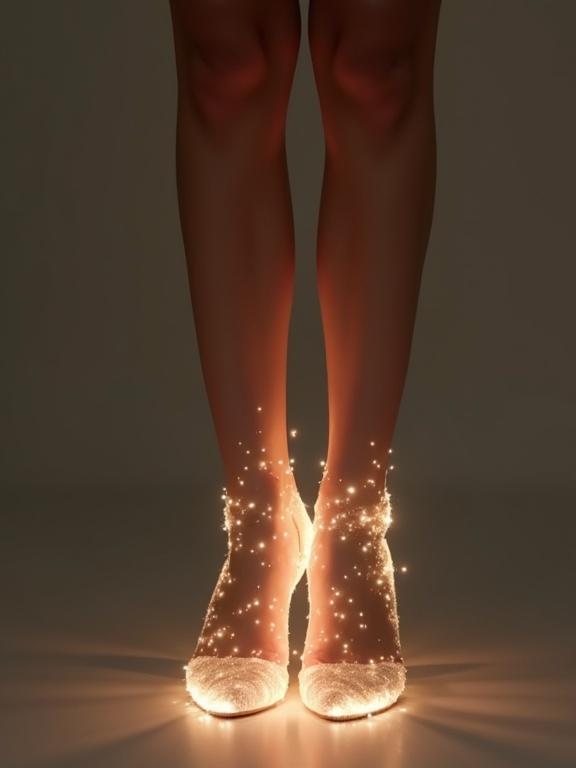 Close-up shot of slender legs with glowing magic around them. The magic sparkles gently. A minimal background enhances the elegant shape of the legs. Soft glow reflects off the legs and glass heels.