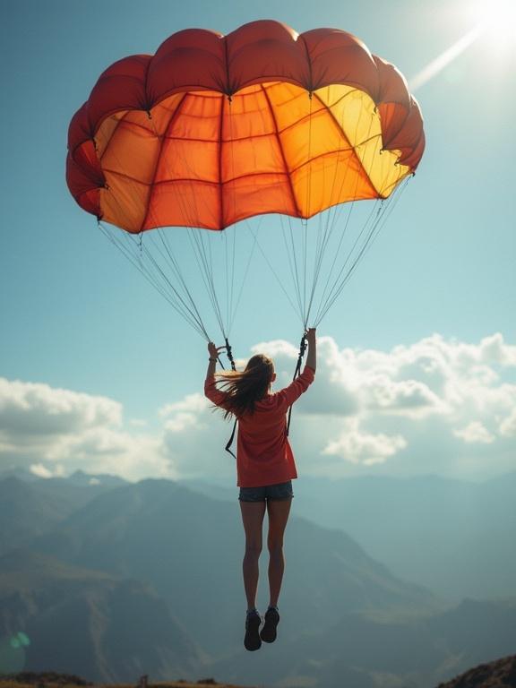 A woman jumps with a brightly colored parachute against the sky. The landscape includes mountains in the background with sunny weather. The parachute is red and orange, and the woman appears joyful as she descends.
