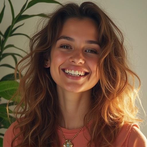 Image of a smiling woman with wavy hair in a natural setting. The background features indoor plants. The focus is on her joyful expression and warm color tones.