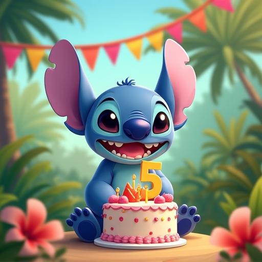 Stitch character with a birthday cake designed for a five year old in a tropical park setting with vibrant flowers and a colorful flag banner.