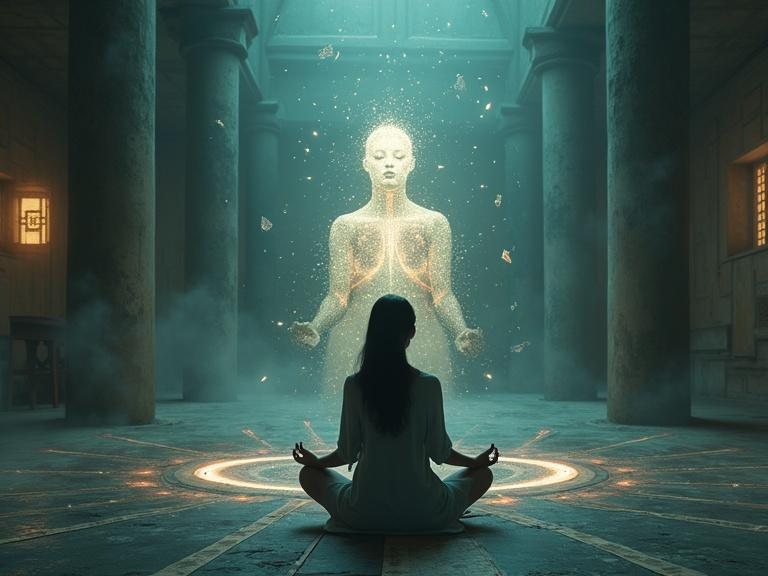 Photorealistic and surreal image for a magazine cover. Woman meditating in a dimly lit space blending modern and ancient elements. Luminous humanoid tulpa hovering, symbolizing thoughtforms. Digital code and mandala patterns are visible. Soft lighting creating an eerie atmosphere. Focus on psychological depth and cultural significance.