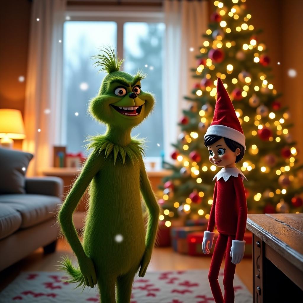 Grinch and elf on the shelf named Nova-Rae standing in a cozy living room with a Christmas tree illuminated in the background.