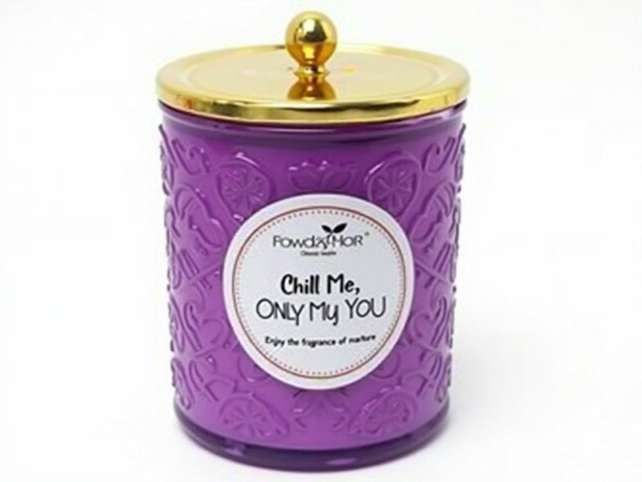 The image shows a decorative scented candle in a vibrant purple jar. The jar features intricate embossed designs, giving it a luxurious appearance. A gold lid tops the candle, adding to its elegance. There is a label on the front, which reads "Chill Me, Only for You" along with a tagline about enjoying the fragrance of nature. The background is plain white, highlighting the beauty of the candle.