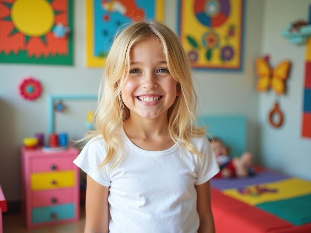 A cheerful 11-year-old girl stands confidently in her colorful bedroom, wearing a simple white shirt. The room is adorned with bright illustrations and playful decor that captures a sense of fun. Her long blond hair falls elegantly as she beams with a radiant smile. In the background, vibrant furniture adds to the lively ambiance. This setting reflects a joyful childhood atmosphere and the innocence of youth.