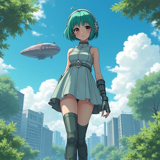 Pretty young woman from outer space in a futuristic dress standing in a park in Tokyo with a spaceship in the background