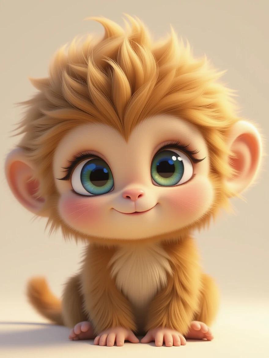 A cute baby-faced monkey character with fluffy golden short hair and large anime-style blue-green eyes. The design features a rounded face with soft textures and a miniature delicate nose, all in a three-dimensional style.