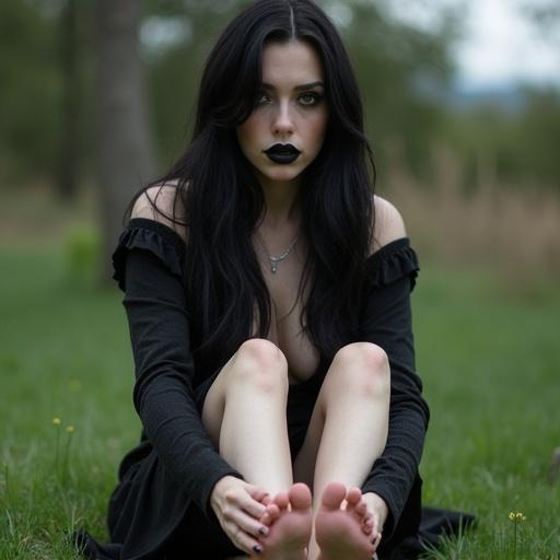 Mature goth woman with long black hair and black lips. She shows her tattooed soles of bare feet while sitting on the grass outside. The scene is relaxed and serene.