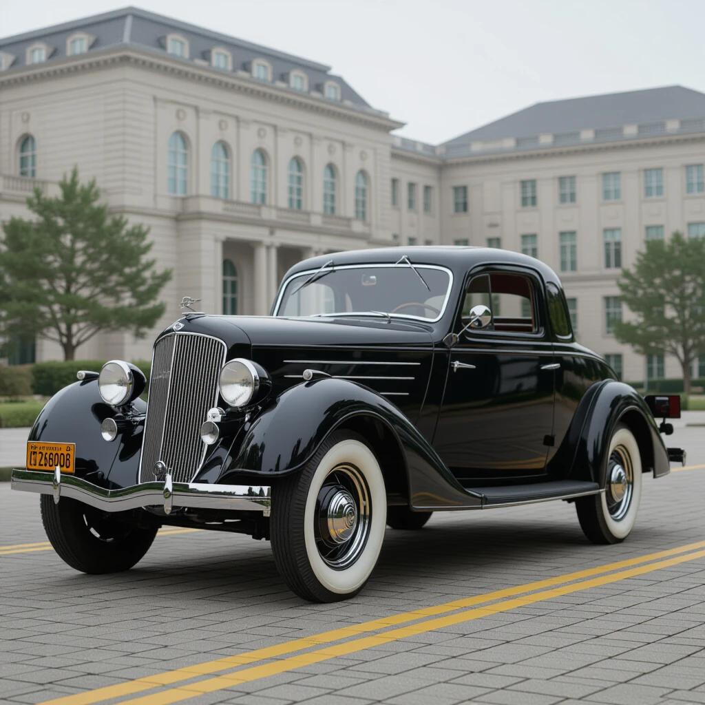 A 1936 BMW 328 Roadster is parked at an elegant location. The car is black with a shiny finish. The scene captures the artistic features of the car. The setting has a modern architectural background. A soft golden light illuminates the scene. The image showcases a cinematic view of the vehicle from a low perspective.